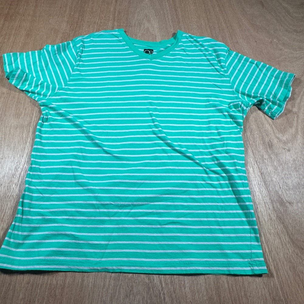 OP Green Gray Striped T Shirt Mens Large 100% Cotton Crew Neck Short Sleeve